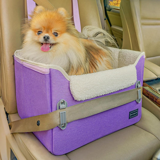PETSFIT Small Dog Car Seat, Patent Safe Buckles Dog Booster Car Seat, Dogs Carseat with Safety Belt, Suitable for Small Pets Up to 25lbs (Purple)