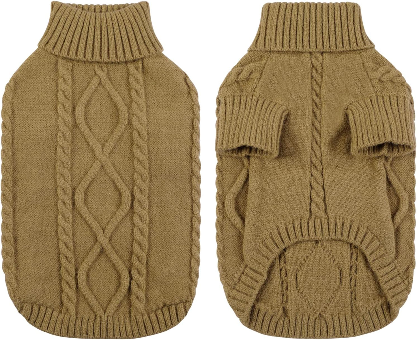 Queenmore Small Dog Pullover Sweater, Cold Weather Cable Knitwear, Classic Turtleneck Thick Warm Clothes for Chihuahua, Bulldog, Dachshund, Pug (Light Brown, Medium)