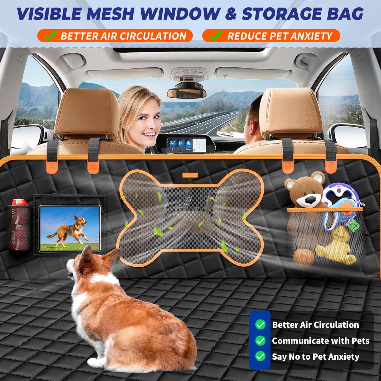 Dog Back Seat Extender for Truck, Hard Bottom Dog Car Seat Cover-Strong Support Waterproof Scratch-Proof Pet Hammock for Full Size F150/RAM1500/Silverado Crew Cab Pickup, Black with Orange