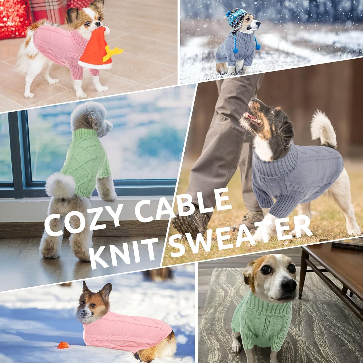 Queenmore Small Dog Pullover Sweater, Cold Weather Cable Knitwear, Classic Turtleneck Thick Warm Clothes for Chihuahua, Bulldog, Dachshund, Pug, Yorkie (Grey, Small)