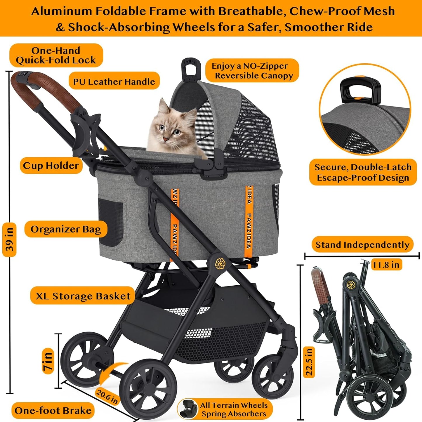 PAWZIDEA Pet Stroller 4 in 1, Dog Strollers for Small/Medium Dogs with Detachable Carrier Easy Lock Canopy, Seatbelt Puppy Car Seat, Cozy House, Foldable & Lightweight Jogger Cat Stroller, 4 Wheels