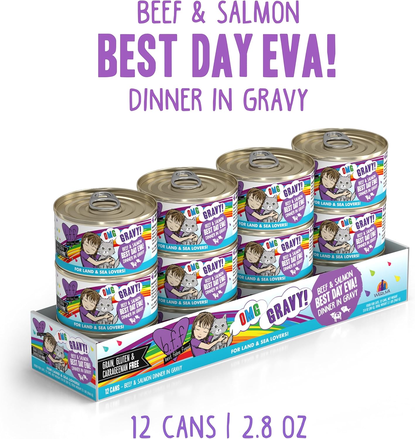 Weruva B.F.F. OMG - Best Feline Friend Oh My Gravy!, Best Day Eva! with Beef & Salmon in Gravy Cat Food, 2.8oz Can (Pack of 12)