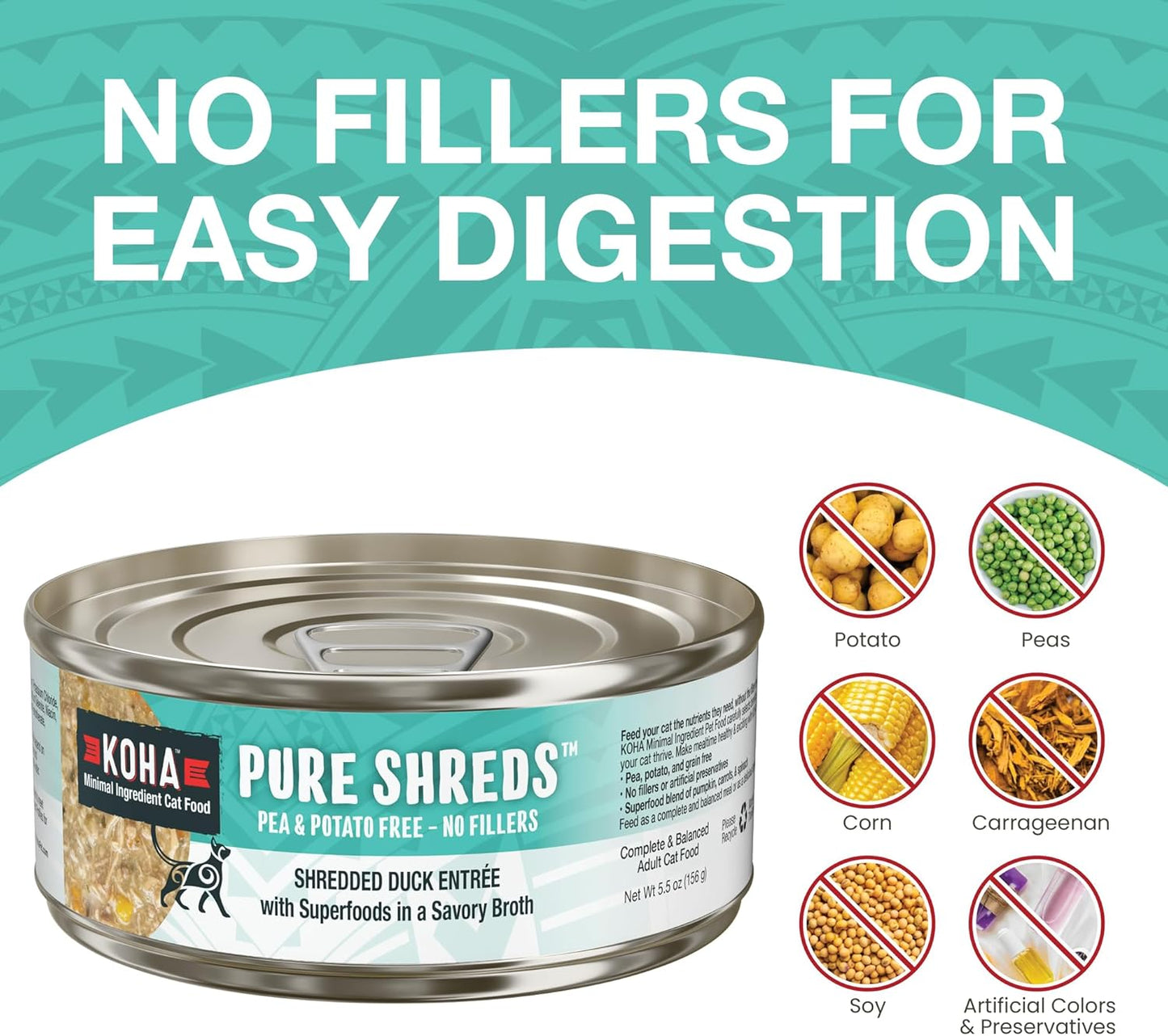 KOHA Pure Shreds Duck Entrée for Cats, Single Meat High Protein Wet Cat Food, 5.5oz Cans (Pack of 12)