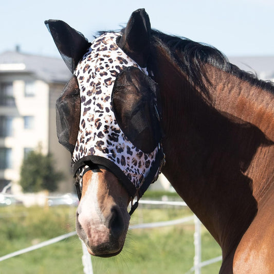 Harrison Howard Super Comfort Stretchy Fly Mask Large Eye Space with UV Protection Soft on Skin with Breathability Leopard Print M Cob