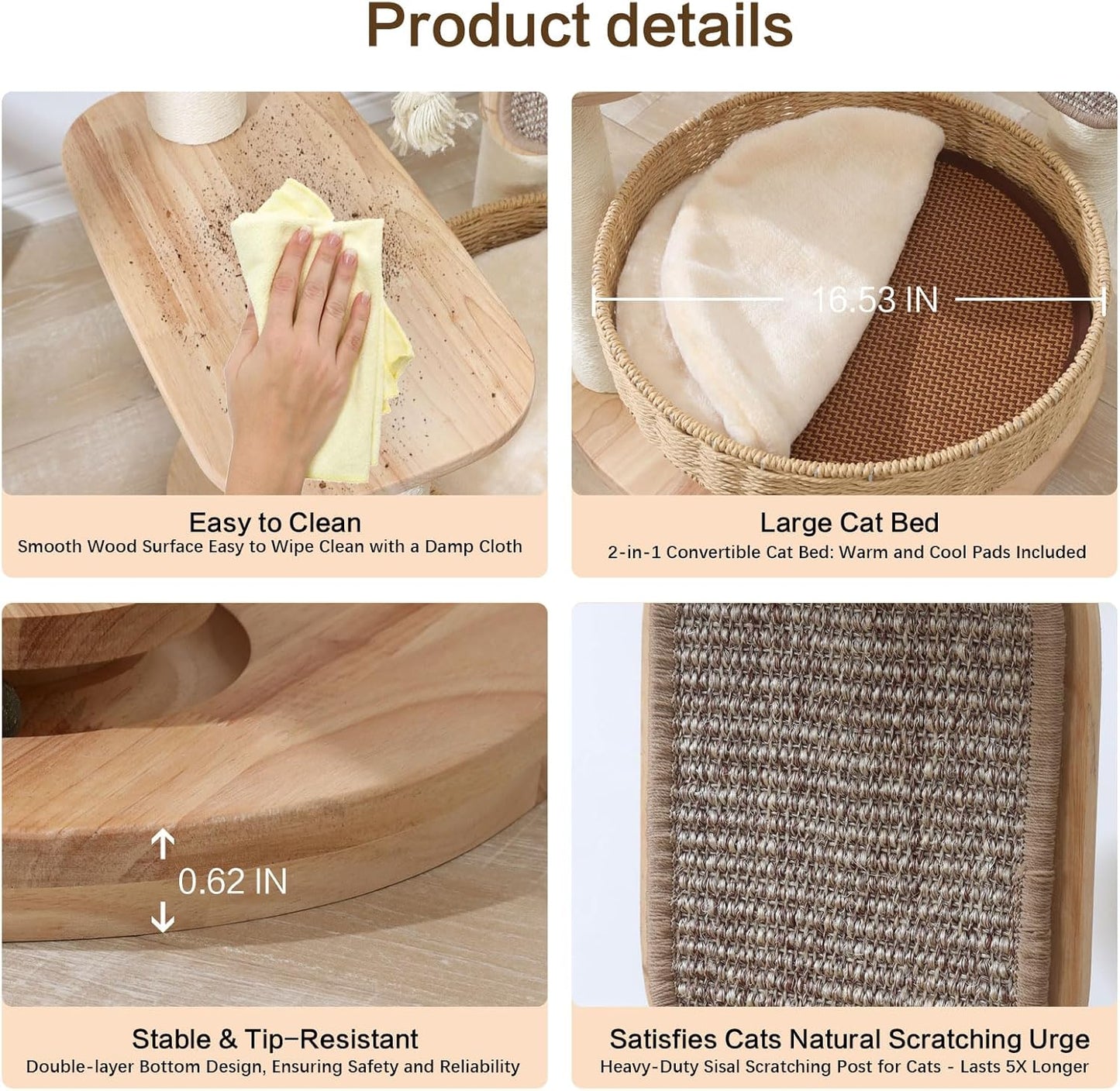 Wooden Cat Tree for Large Cat, 49.6-Inch Tall Cat Tower with Scratching Post for Indoor Cats, Multi-Level Cat Condo with Hand-Woven Cat Bed and Scratching Board Easy to Clean