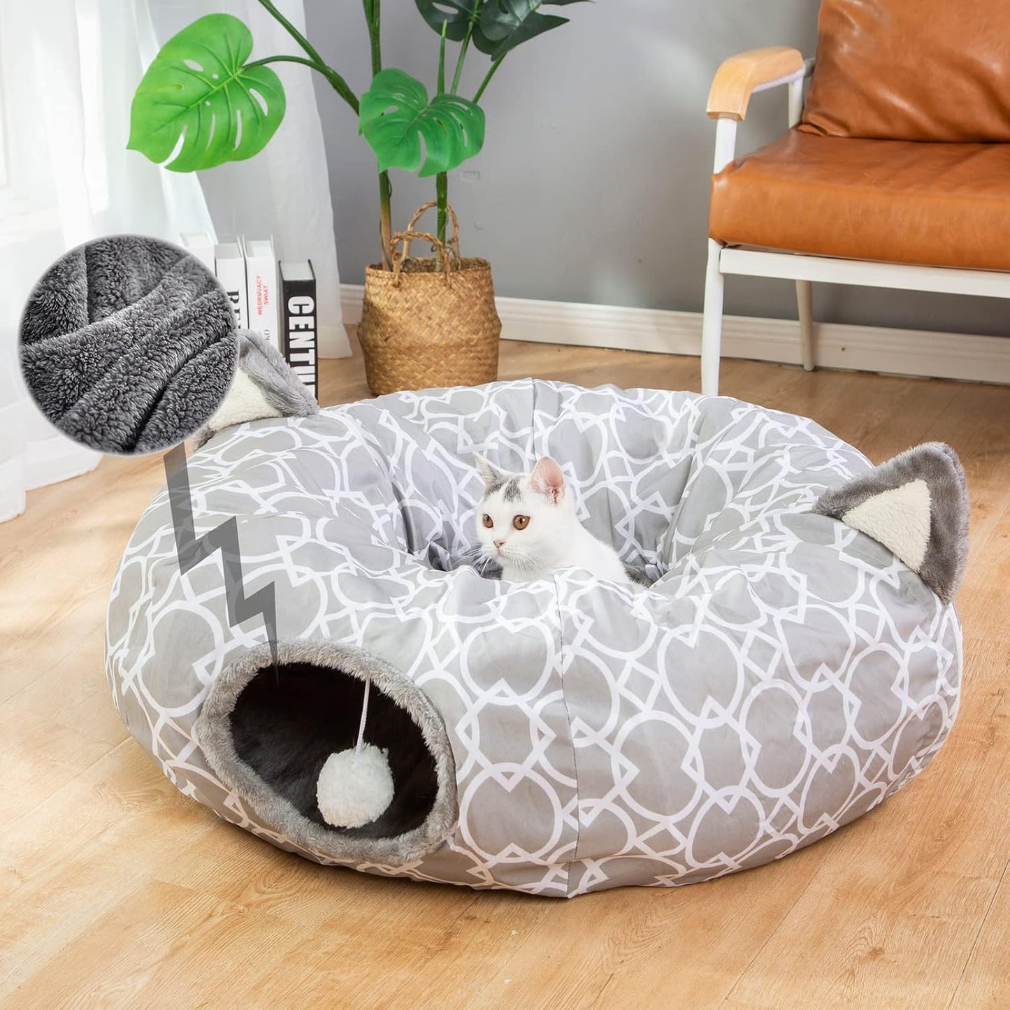LUCKITTY Geometric Cat Tunnel Bed Oxford Outside with Plush Inside,Cats Toys Collapsible Tunnel Tube with Balls, for Rabbits, Kittens, Ferrets,Puppy 3FT
