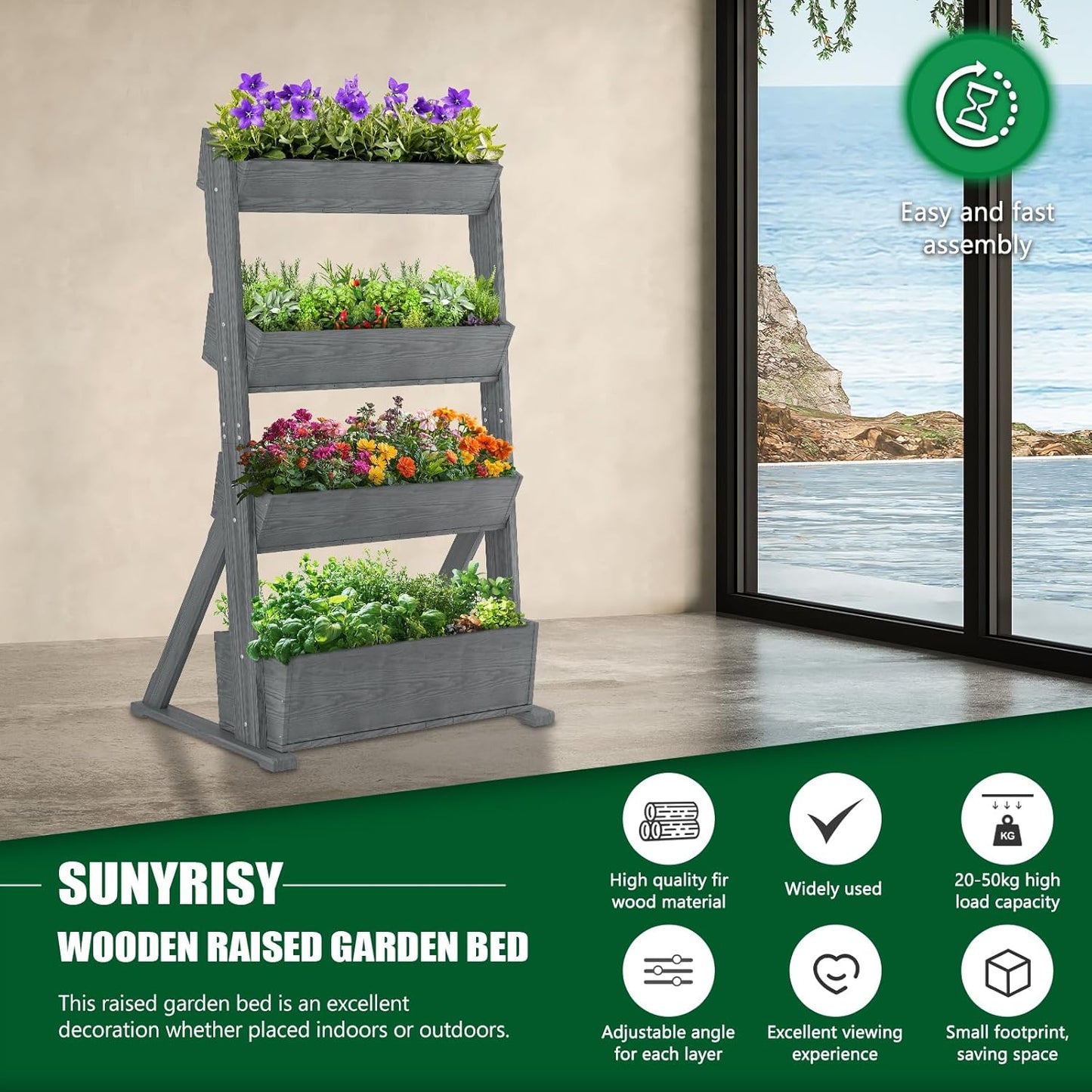 SUNYRISY 4 Tiers Vertical Raised Garden Bed Outdoor Planter Tower, Wooden Freestanding Planter Box for Planting Herbs Flowers Vegetables Backyard Patio Balcony Indoor Outdoor Gardening, Grey