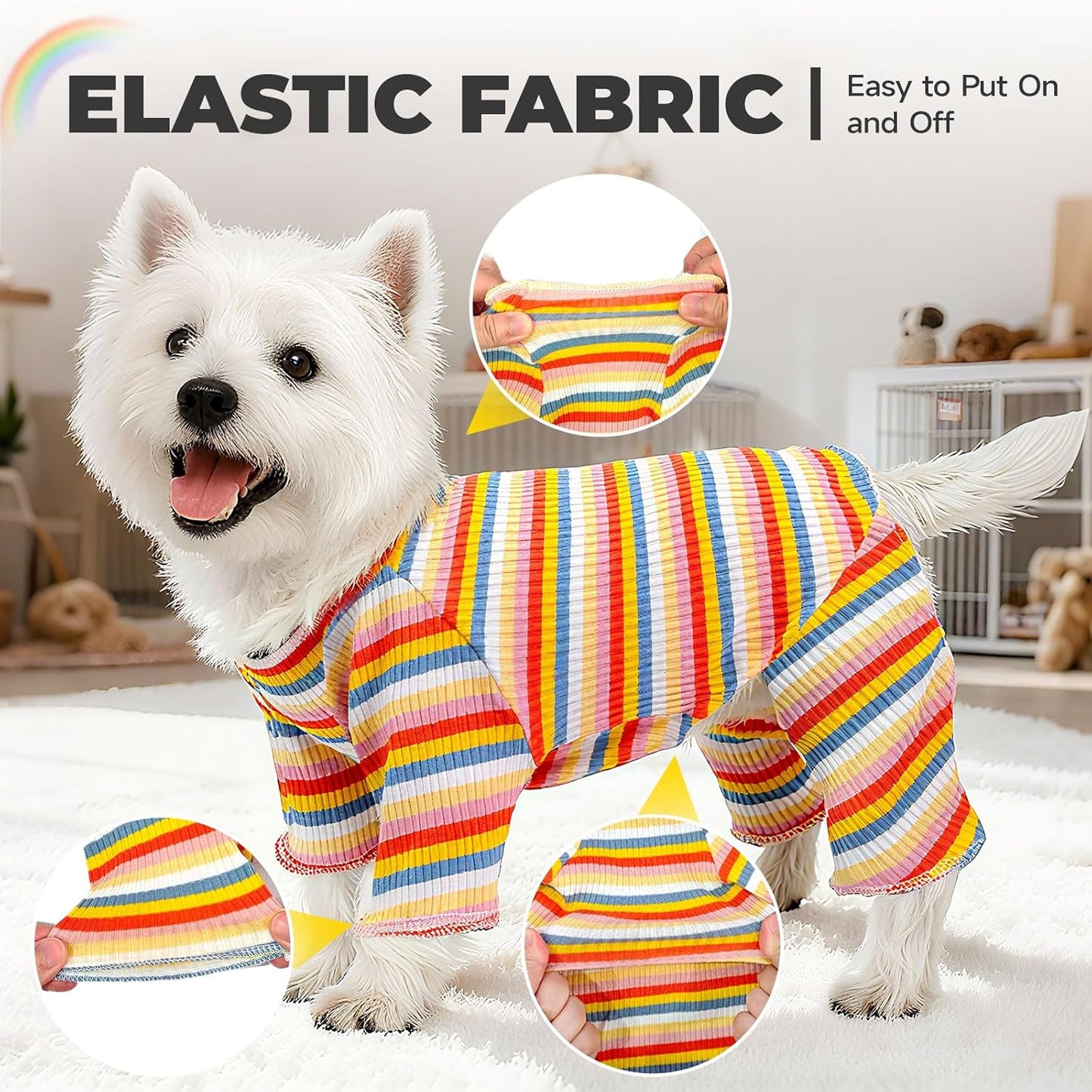BAEJMJK Striped Dog Pajamas Stretchy Cute Four-Legged Boy Girl Dog Clothes with Sleeves Comfortable Dogs Jumpsuit Colorful Pet Puppy Outfits Apparel for Small Medium Dogs Cats(Yellow,XX-Large)
