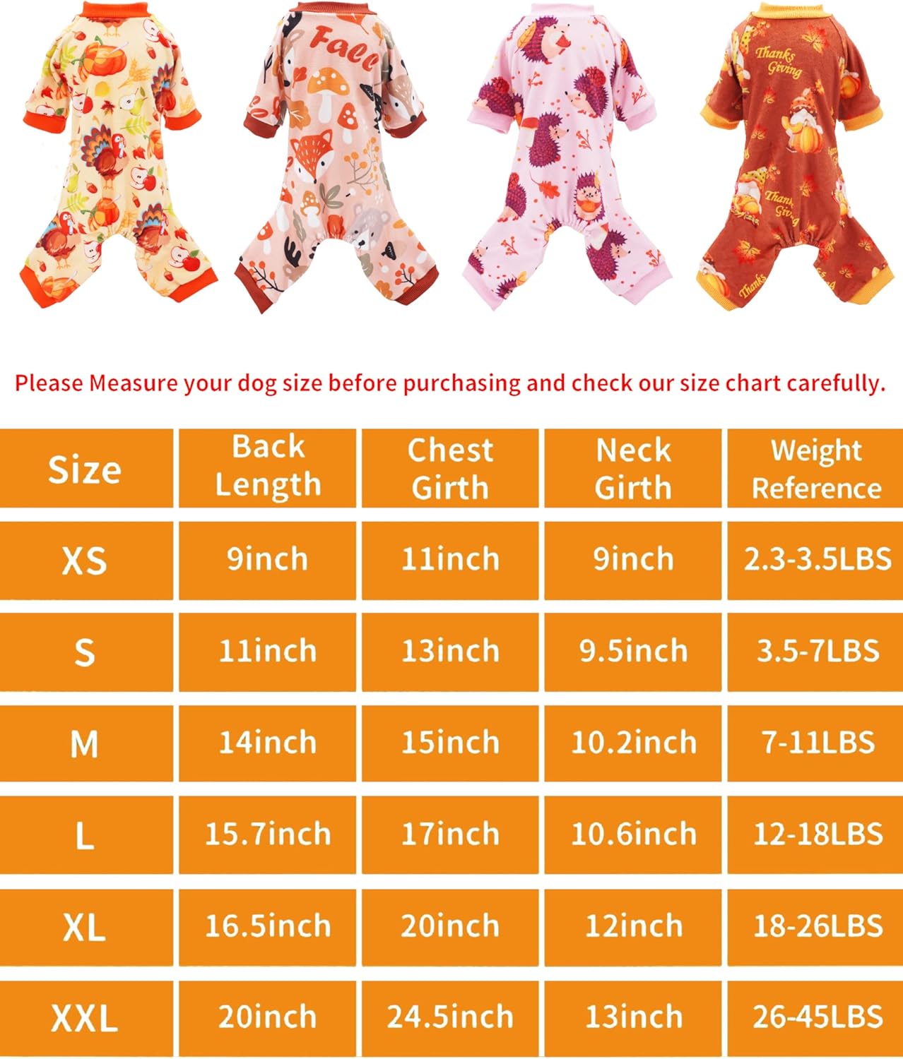 PET SHOW 4 Pack Fall Small Dog Pajamas Thanksgiving Clothes for Medium Dogs Girl Boy Soft Stretchy PJs Autumn Jumpsuit Puppy Onesies Outfits with Sleeve Pets Dachshund Costume L
