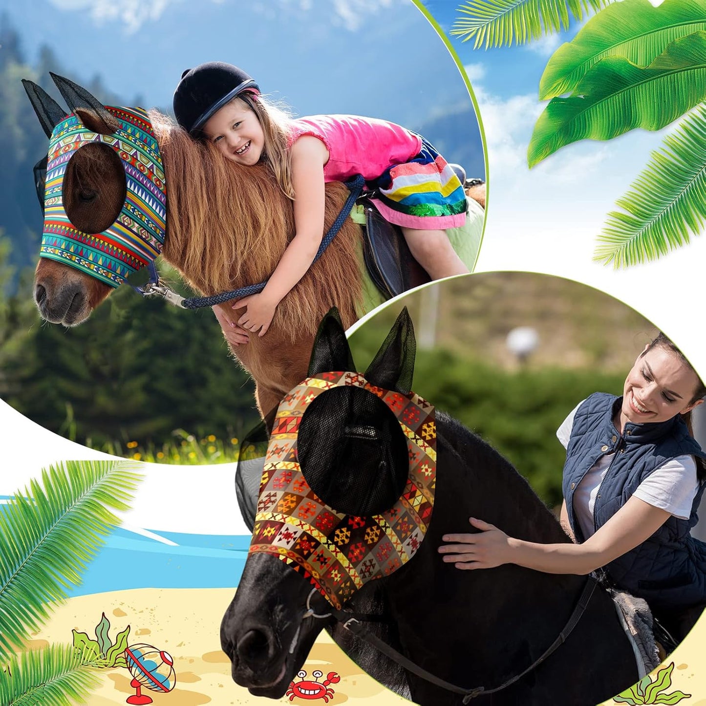 Chunful 6 Pcs Horse Fly Masks with Ears Smooth and Comfortable Cashel Mesh Fly Mask Elasticity Breathability UV Protection Horse Face Covering for Riding Supplies(Geometric,Medium)