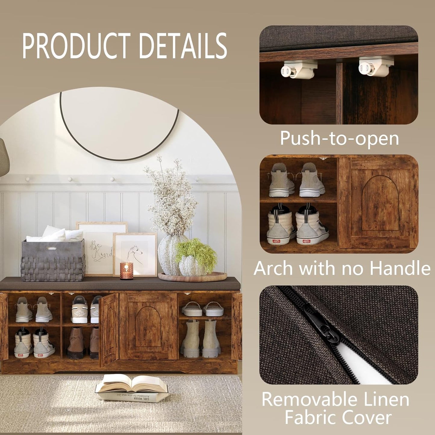 DINZI LVJ Shoe Bench, Entryway Storage Bench with Doors, Cushion, 2-Tier Shoe Rack with 8-Cubby, 47.2”L x 13.8”W Shoe Organizer Cabinet, Adjustable Shelf, Living Room, Bedroom, Rustic Brown