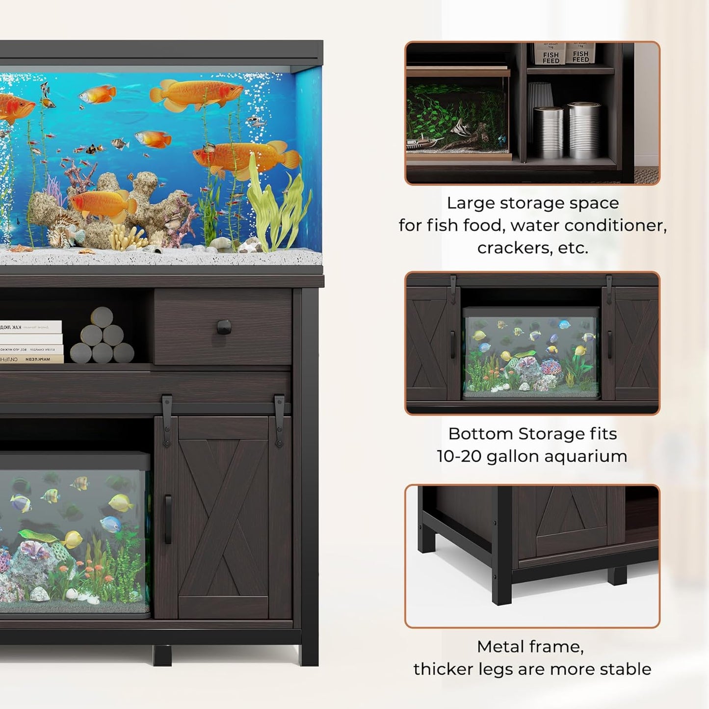 Miereirl 55-75 Gallon Fish Tank Stand with Power Outlet – Heavy Duty Aquarium Stand, Rustic Farmhouse Style, 800 lb Capacity, Adjustable Storage & Sliding Barn Doors, Dark Brown