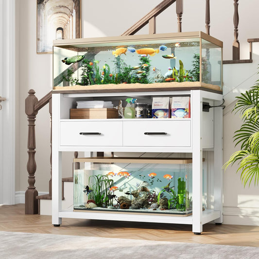 40-49 Gallon Fish Tank Stand with Two Storage Drawers, Heavy Duty Aquarium Stand with Waterproof Mat, Sturdy Metal Frame, 800 LBS Capacity Storage Cabinet, White