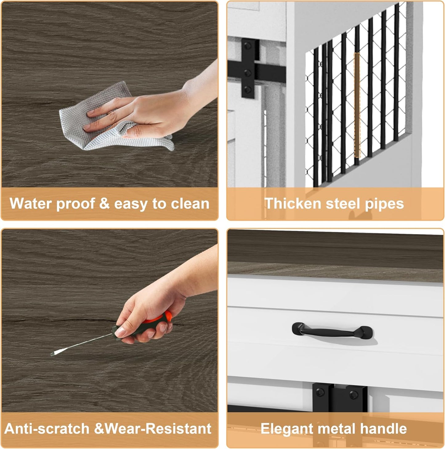 RQZ 65" Double Dog Crate Furniture for 2 Dogs Heavy Duty Wood Dog Cage Table with 3 Storage Drawers and 4 Stainless Steel Bowls Dog Kennel Indoor for Medium Large Dogs