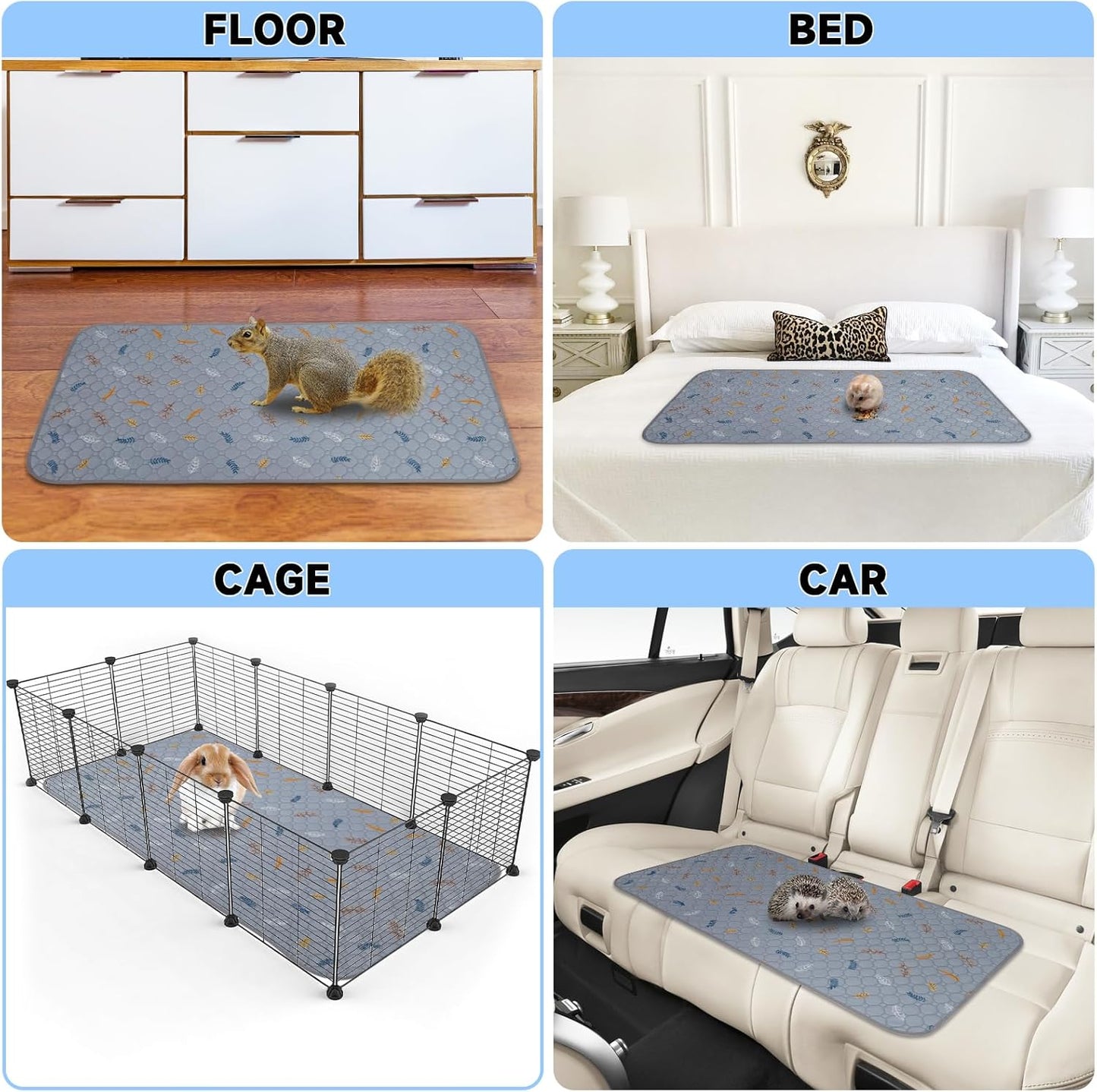 Sunheir 2 Pack Washable Guinea Pig Pee Pads, 24" x 48" Waterproof Reusable Guinea Pig Cage Liners, Absorbent Bedding Training Mat for Small Animal Guinea Pigs Rabbit Bunny Hamster - Light Grey