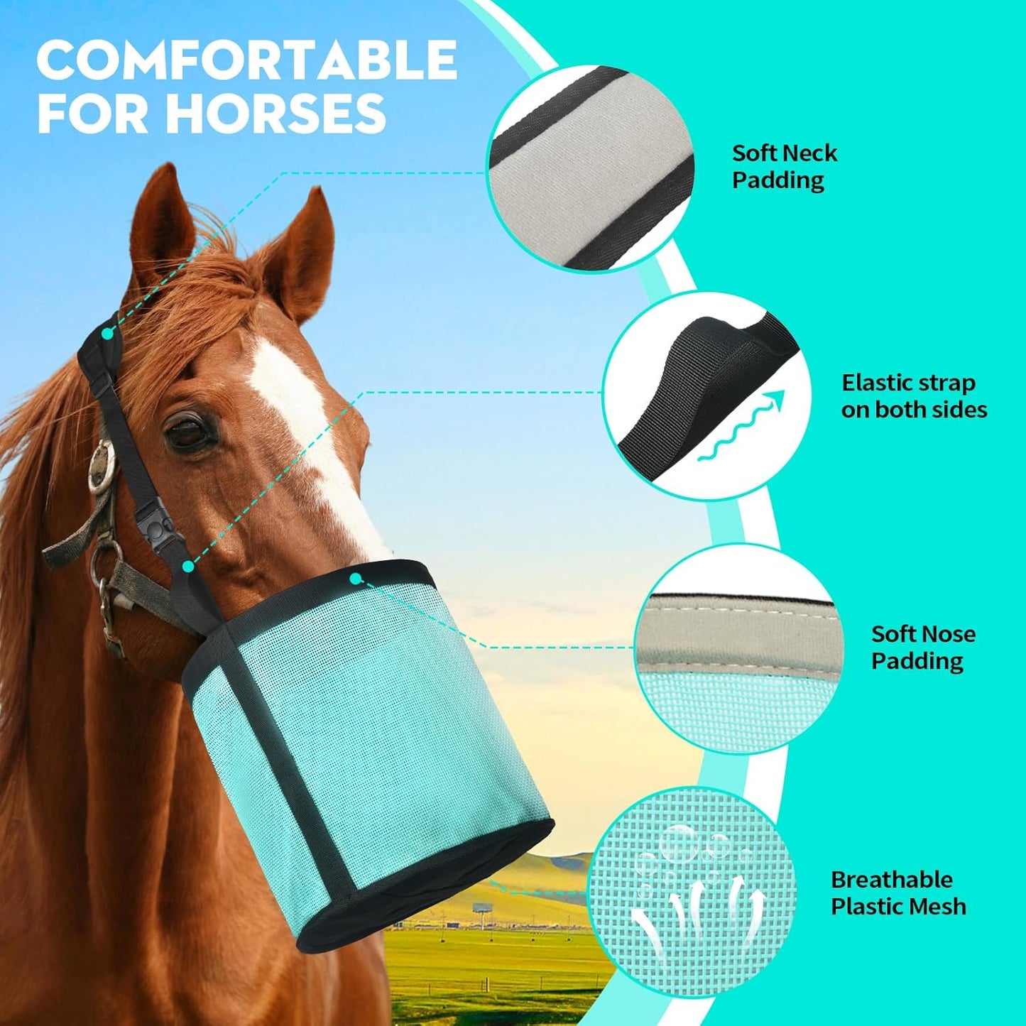 Horse Feed Bag 2 Pcs, Mesh Feed Bags for Horses, Muzzle Feedbag for Feeding Grain, Anti-Spill Design Feeder, Soft Neck Pad Nose Pad, Universal Fit (Mint, Pack of 2)
