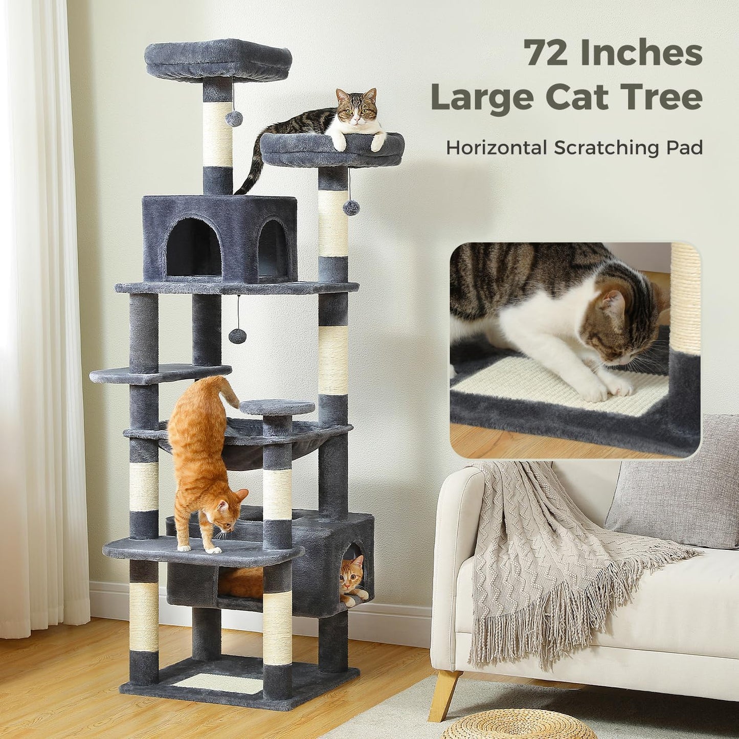 PAWZ Road Large Cat Tree, 72 Inches Cat Tower for Large Cats, Cat Condo with Sisal-Covered Scratching Posts and Pads, 2 Padded Perch, Dual Condo and Basket for Indoor Cats-Dark Gray