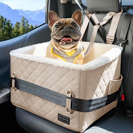 PETSFIT Small Dog Booster Car Seat, Soft Foam Puppy Carseat with Patented Safety Buckles, Storage Pockets and Detachable Clip-On Safety Leash, Dog Car Booster Seat for Medium Pet Under 30 LBS (Khaki)