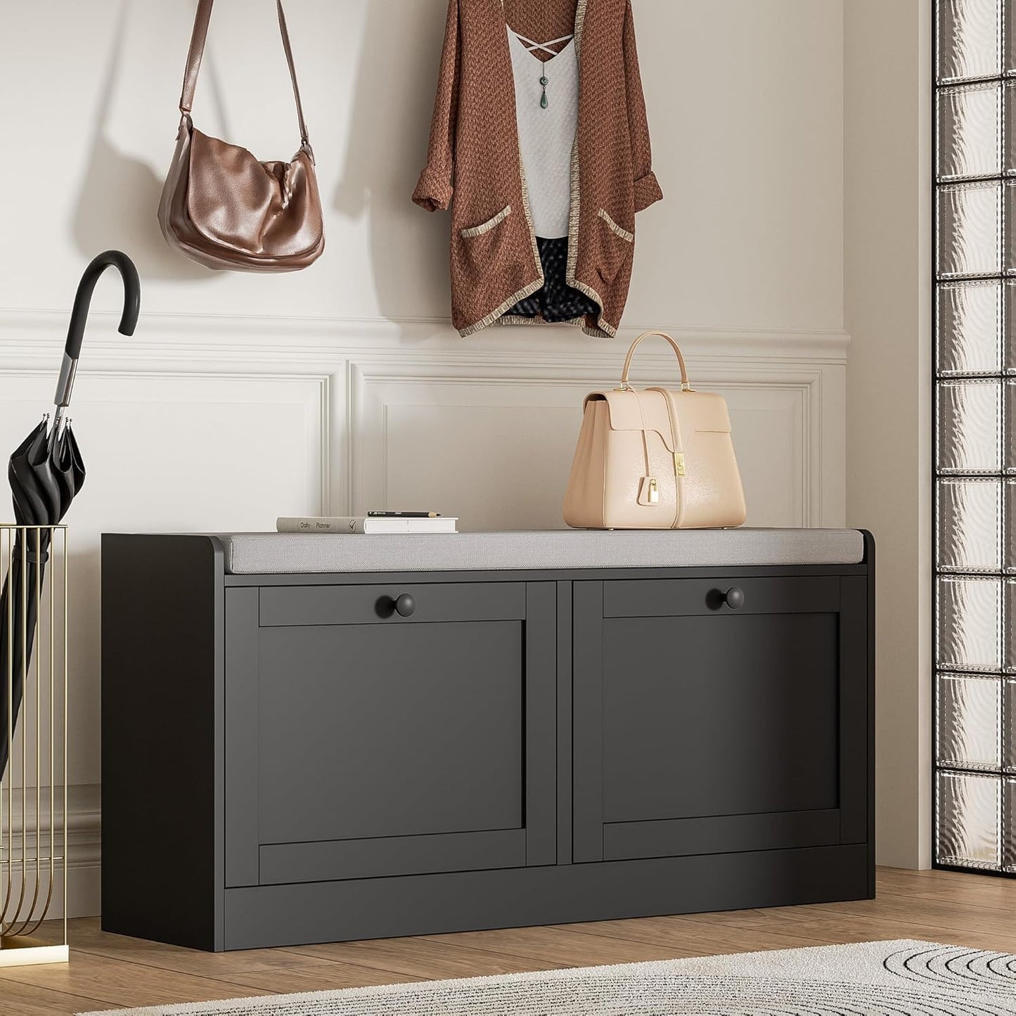 MHOM Black Modern Entryway Bench with 2 Flip Drawers, Shoe Bench with Padded Seat Cushion, Wooden Storage Bench for Bedroom and Apartment