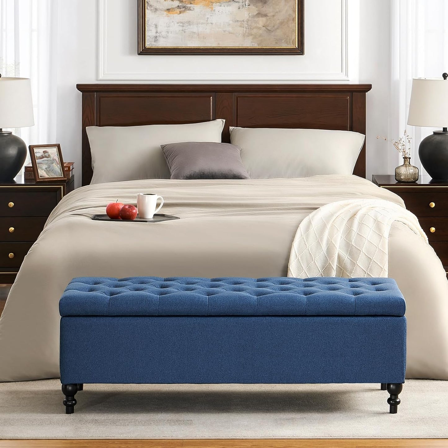 Ottoman with Storage,50.2-inch Upholstered End of Bed Storage Bench for Bedroom,for The Living Room,for Entryway, with Button and Safety Hinges,Detachable (Blue)
