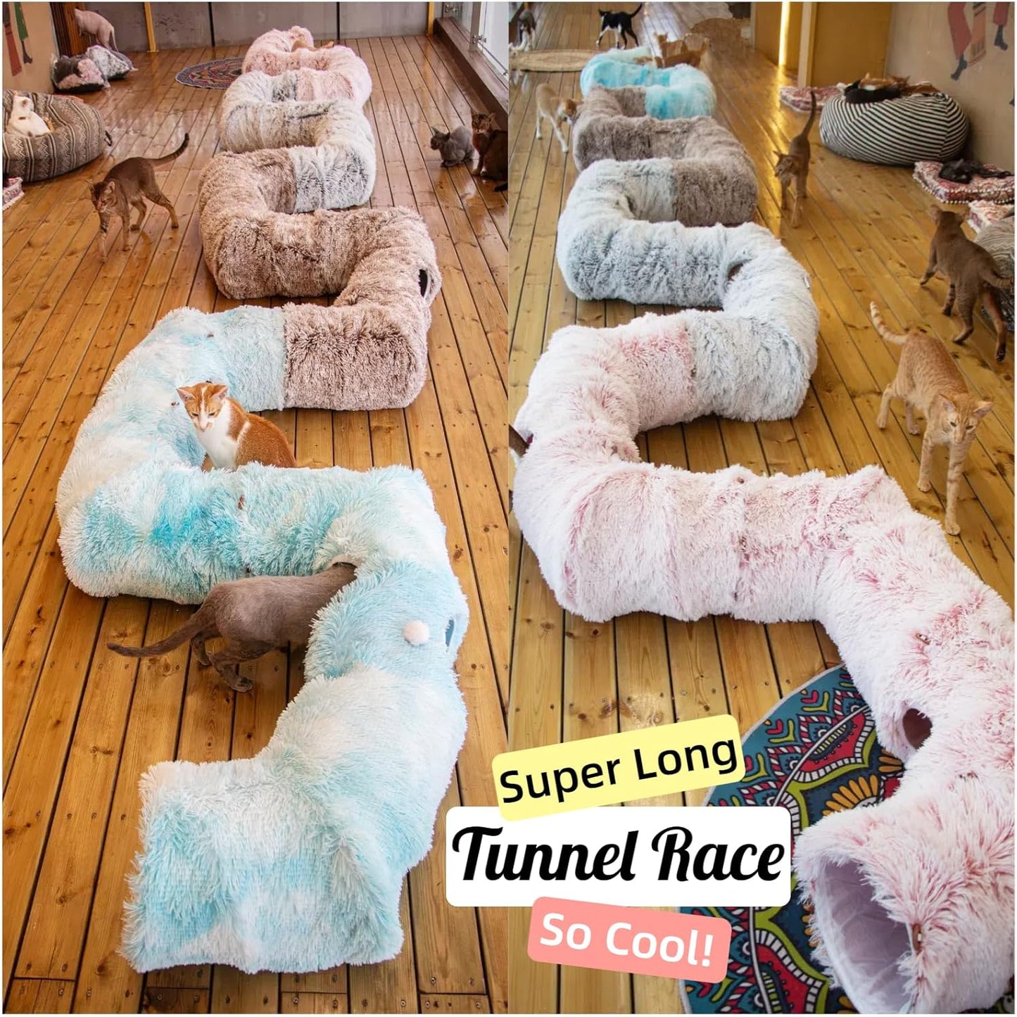 XxingSheep 4 Cave Shuttled XL Cat Tunnel Bed for Indoor Cats Peekaboo Toy Donut with Warm Mat, Azure Blue