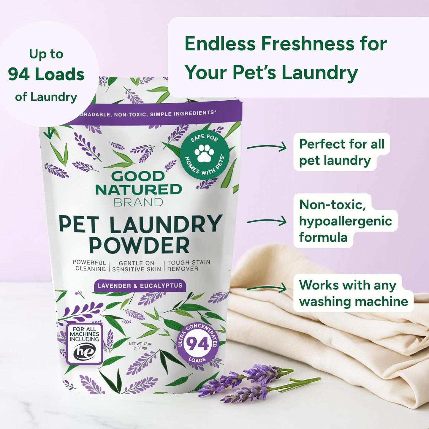 Good Natured Brand | Pet Stain & Odor Remover for Laundry | Pet Laundry Detergent for Dogs Beds, Cat Pee, Smell, Dog Drool | Hypoallergenic & Non-Toxic | Lavender | 47oz 94 Loads