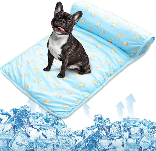 PUMYPOREITY Cooling Dog Bed, Pet Cooling Mat with Pillow, Ice Silk Cooling Dog Blanket, Self Cooling Pad for Cat,Dog, Washable Summer Pet Mat for Kennel, Crates, Sofa, Floor, Blue, L