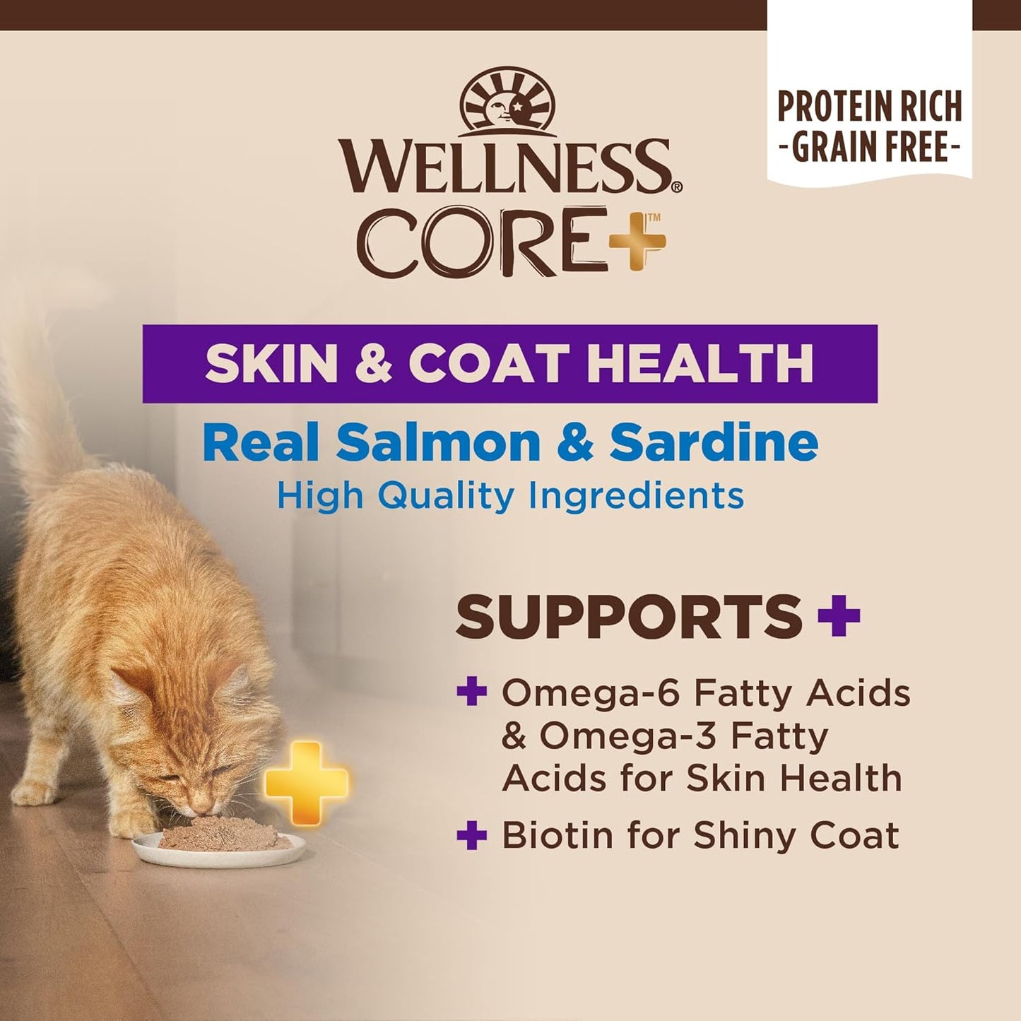 Wellness CORE+ Skin & Coat Pate Adult Wet Cat Food, Natural, Protein-Rich, Grain Free, 2.8 Ounce, 12 Pack (Salmon & Sardine)