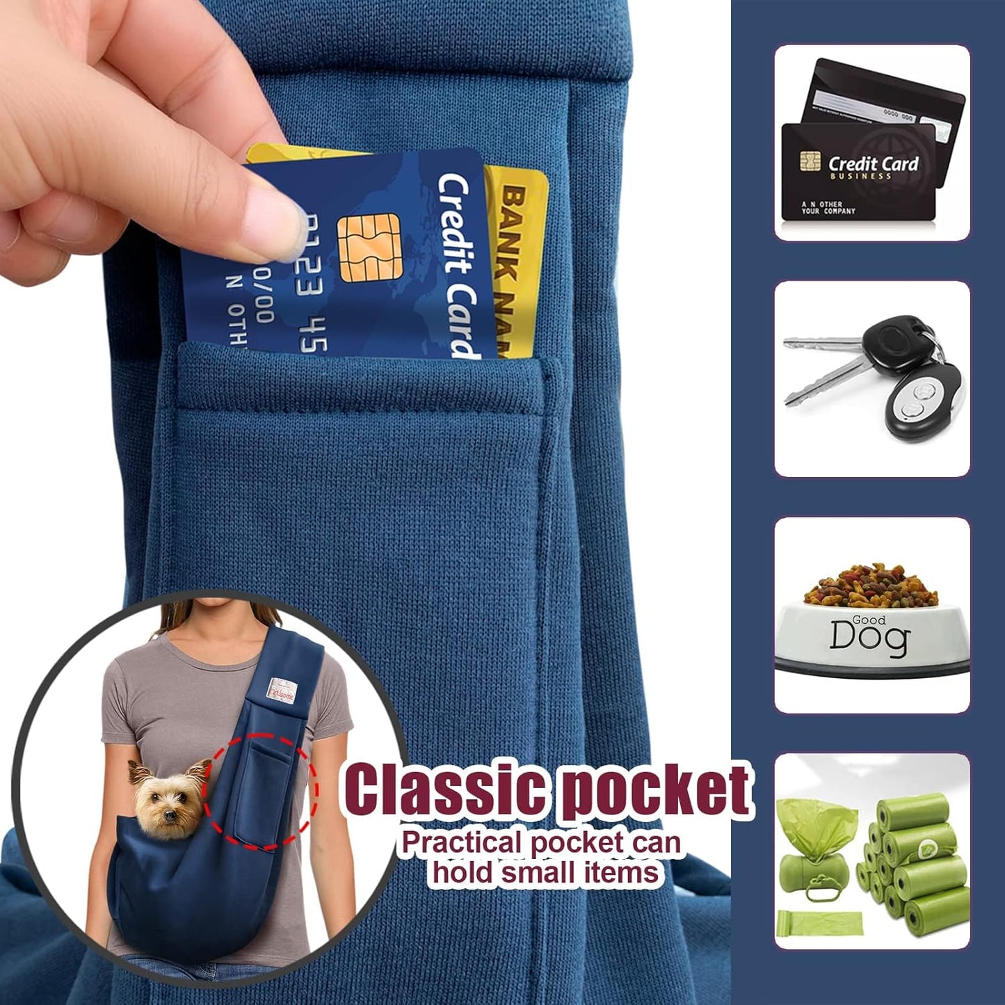 Pet Dog Sling Carrier for 3-10 lbs pet,Dog Purse Pouch,Dog Satchel,Reversible unadjustable Strap Travel Hand-Free Safe Bag Small Puppy Backpack (Dark Blue)