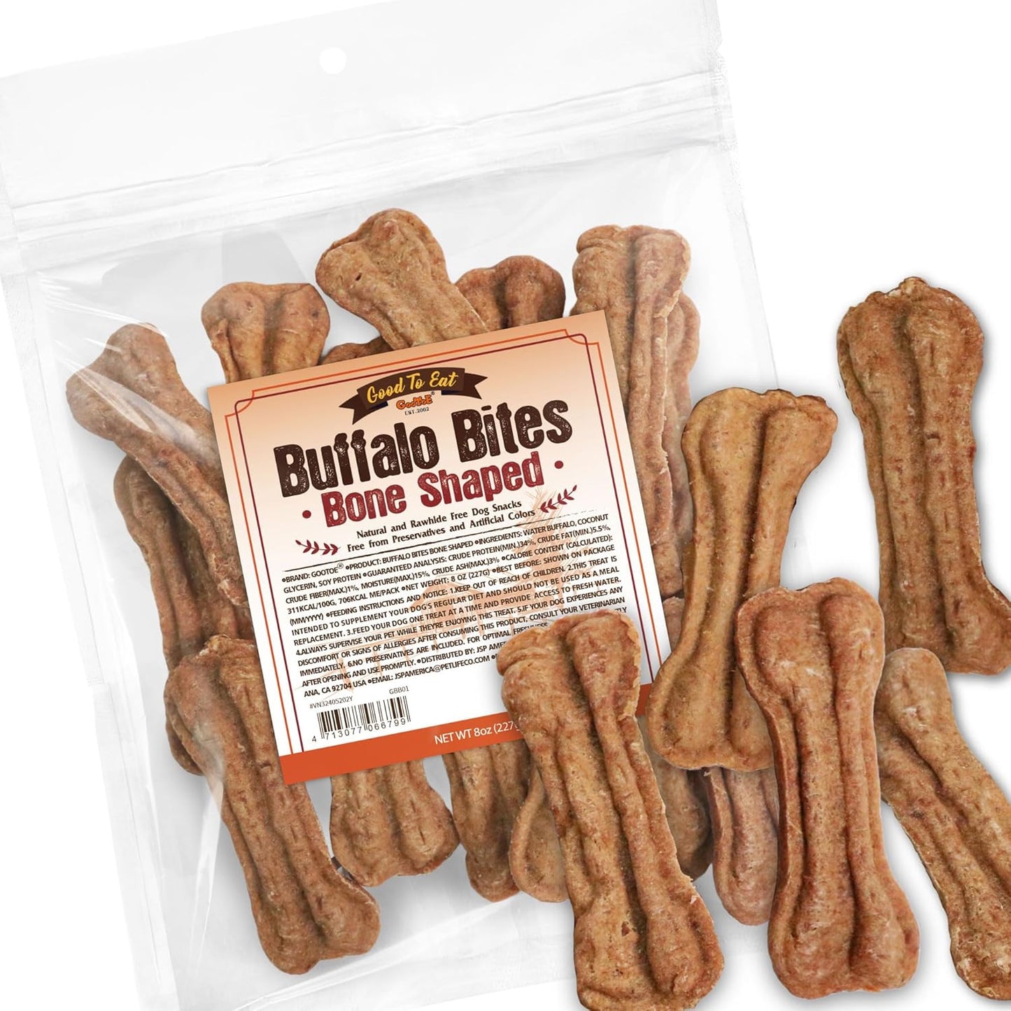 Gootoe Buffalo Dog Treats, Buffalo Bites Bone Shaped 8oz - Natural Low-Fat Chews for Training & Rewards, Limited Ingredient, Resealable Bag, Perfect for Small Dogs & Puppies