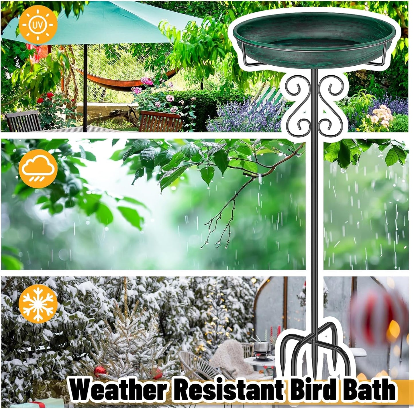 Metal Bird Bath for Outside,Bird Baths Feeder Bowl with 5 Prongs Base Stake,Freestanding BirdBaths for Outdoors Garden Patio Yard Lawn Decor (Vintage Green)