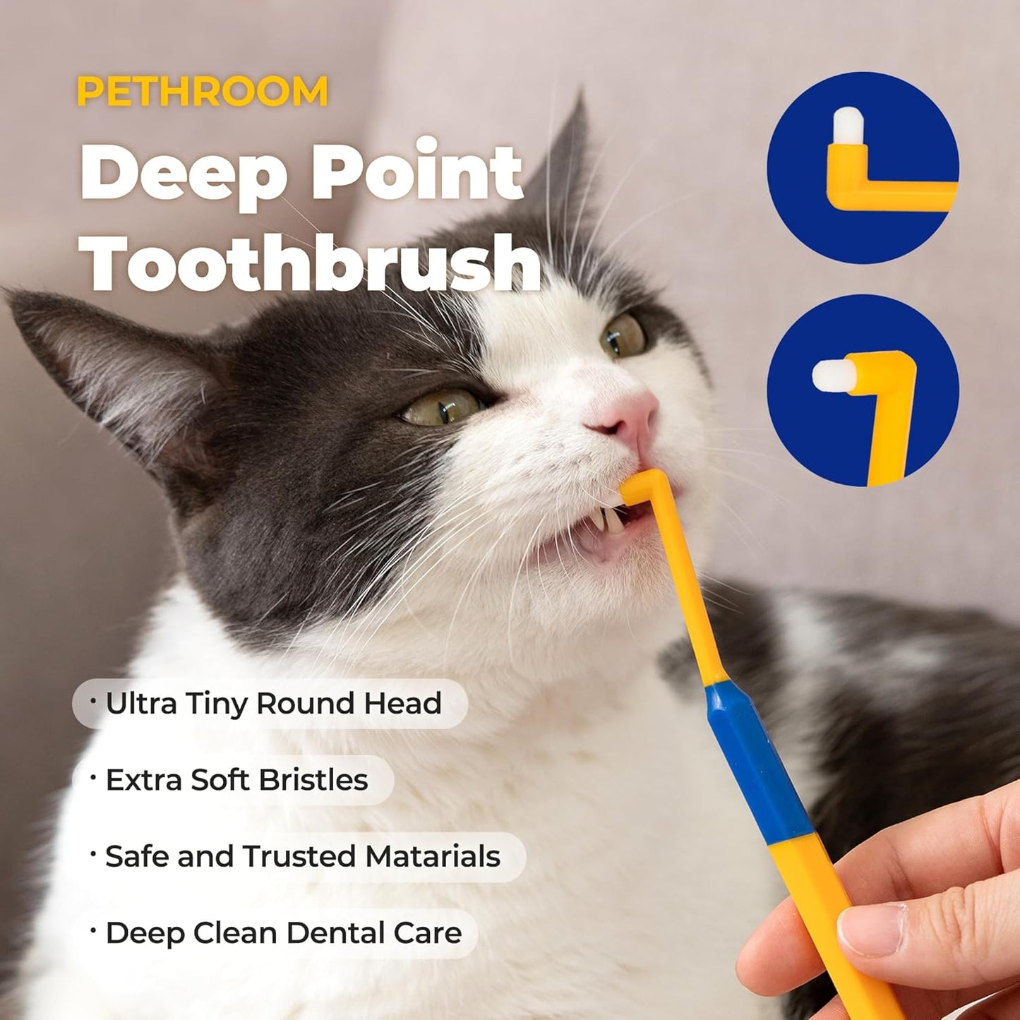 PETHROOM] Pet Toothbrush for Cats and Dogs | Round Shaped Head with Ultra Soft Bristle for Deep Cleaning Dental Care, Kitten and Small Dogs, Tartar Plaque Removal (Deep Point)