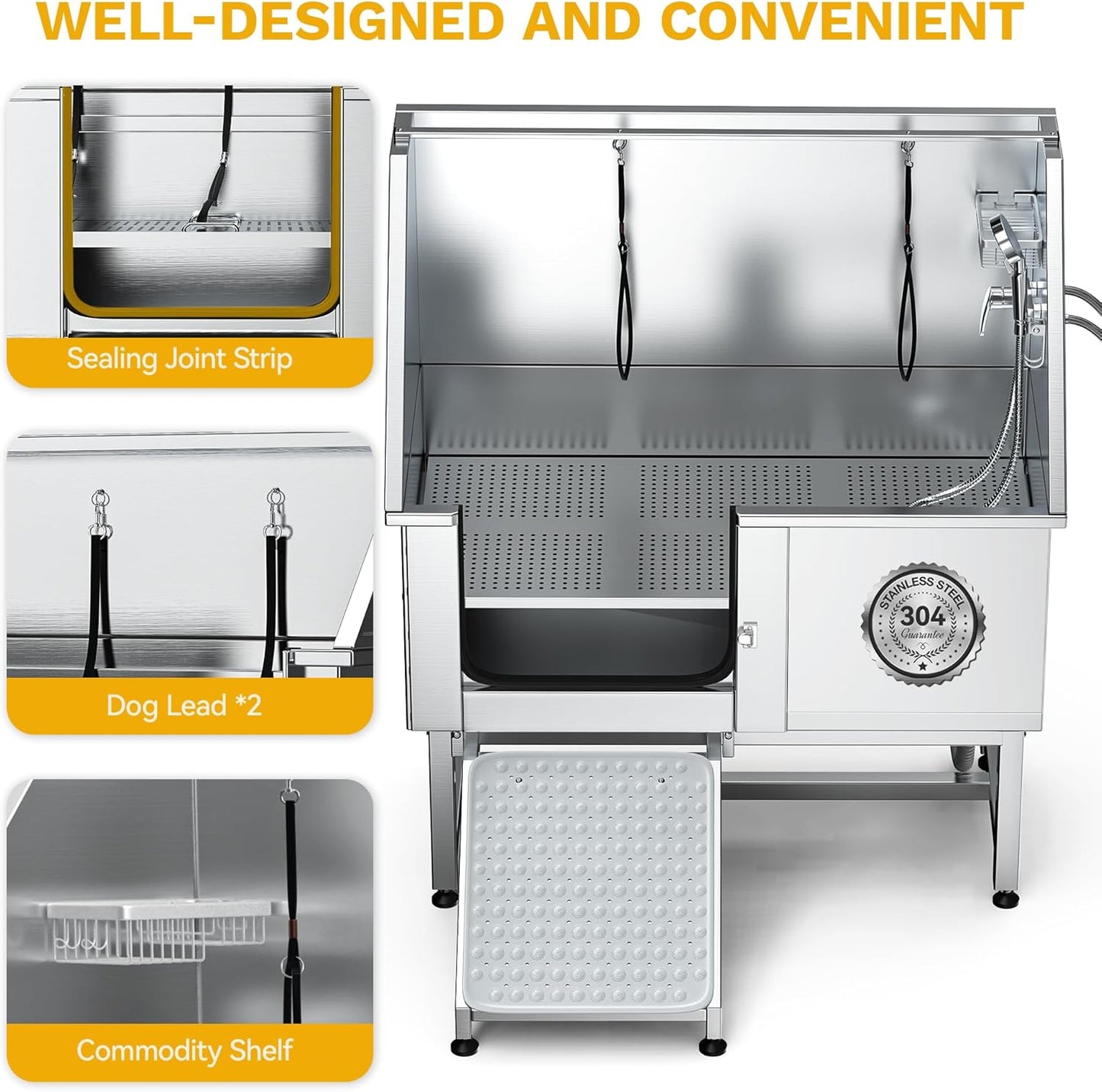 DWVO Professional Pet Dog Bathing Station for Grooming, 50'' Dog Grooming Bathtub with Left Ramp, Floor Grate, Faucet, Showerhead & Soap Holder for Large, Medium & Small Pets