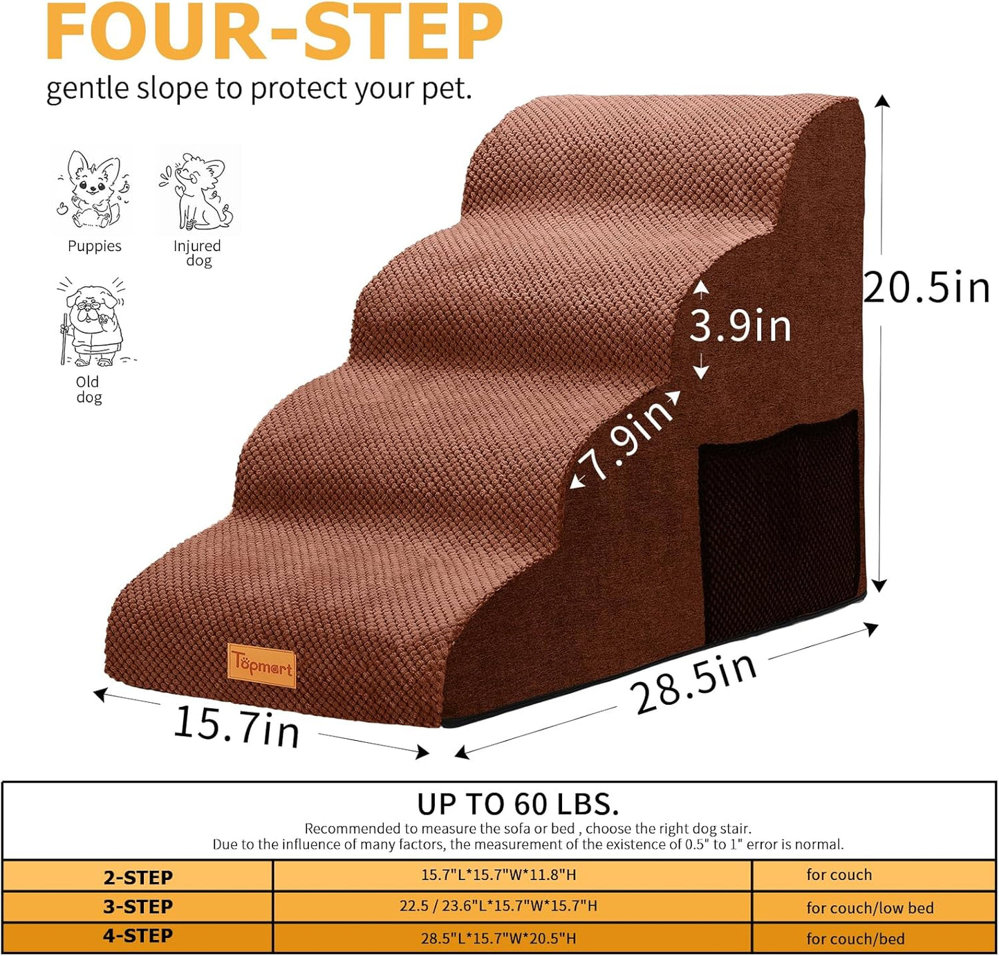 Topmart High Density Foam Dog Steps 4 Tiers,Extra Wide Deep Pet Steps,Non-Slip Dog Stairs Ramp for Bed,Soft Foam Cat Ladder,Best for Older Injured,Older Pets,Cats with Joint Pain