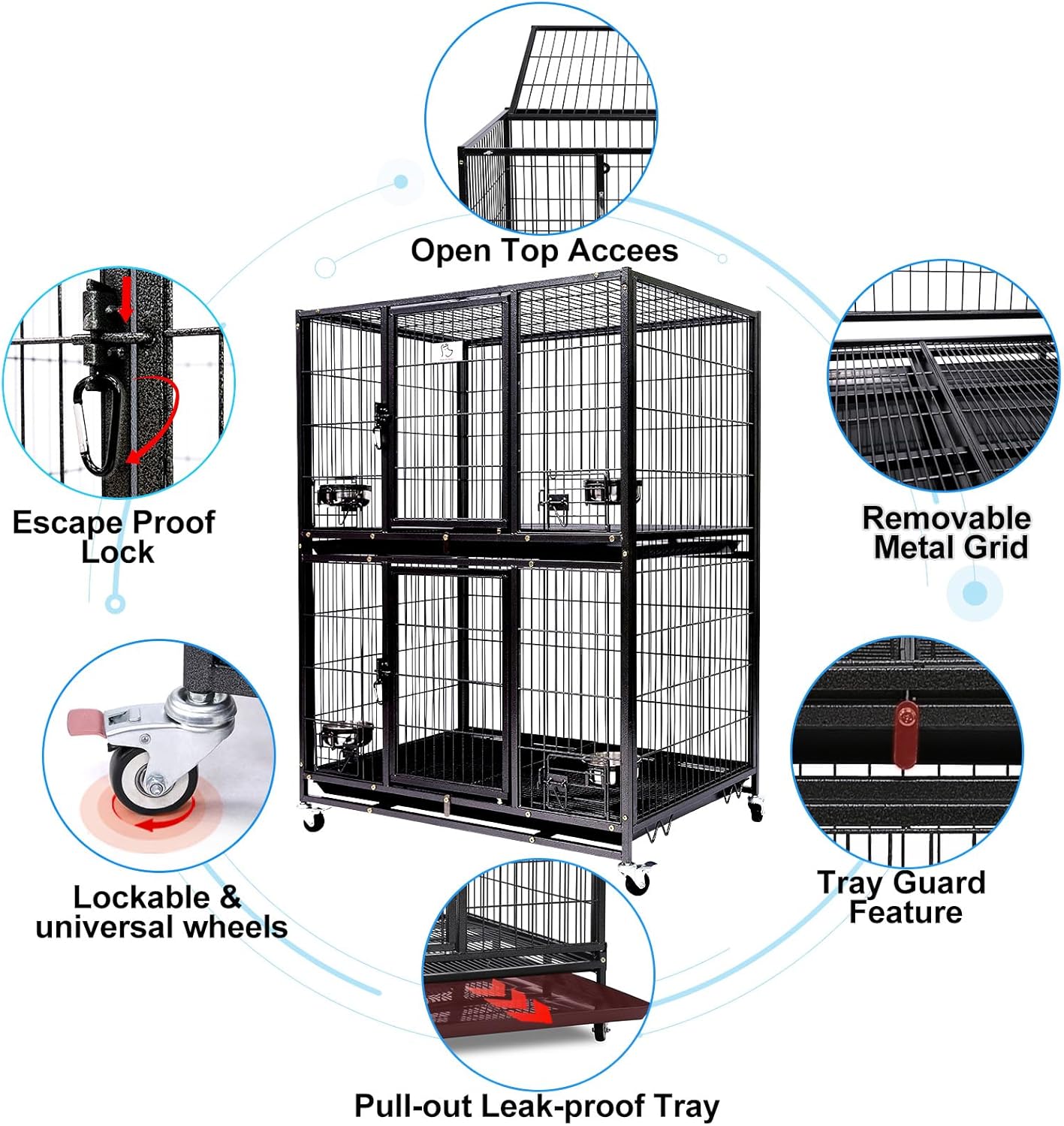 Homey Pet Two Tiers 37 Inch Dog Crate Cage Kennel with Feeding Door and Bowls, Lockable Wheels and Removable Tray, Escape Proof Metal Wire Heavy Duty Dog Crates for Medium/Small Sized Dogs (3 Pack)