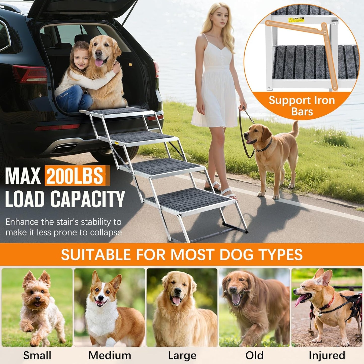 20" Extra Wide Dog Ramp, 4-Step Foldable Pet Stairs with Non-Slip Carpet - Lightweight Aluminum for SUV/Truck/Car & High Beds - Supports Large Dogs up to 200Lbs