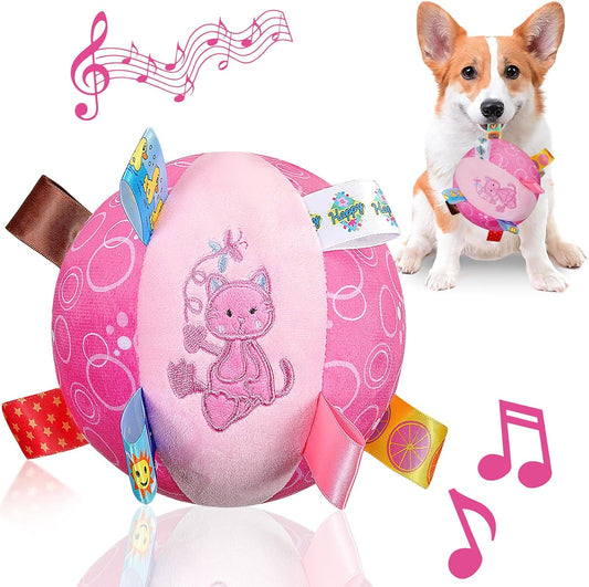 Dog Squeaky Plush Toy with Straps, 6-Inch Soft Stuffed Ball with Cotton Material and Bell Built-in, Pet Interactive Fetch Toy for Small to Large Dog