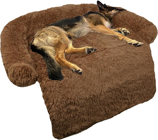 GGIB Calming Dog Bed Fluffy Plush Dog Mat for Furniture Protector with Removable Washable Cover for Large Medium Small Dogs and Cats (Large, Brown)