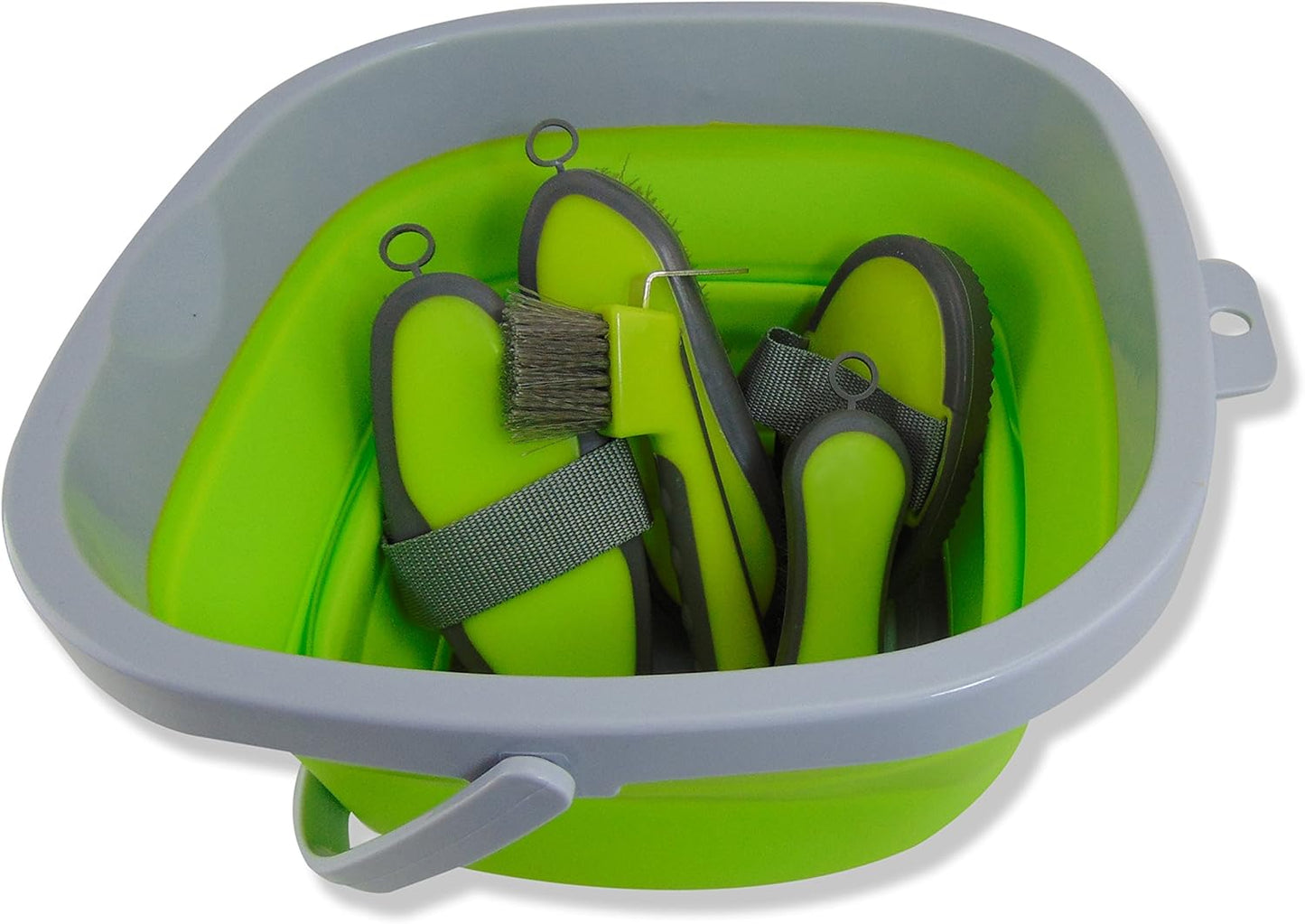 Collapsible Grooming Kit 10 Liter Bucket and 5 Grooming Tools - By Southwestern Equine (Lime Green)