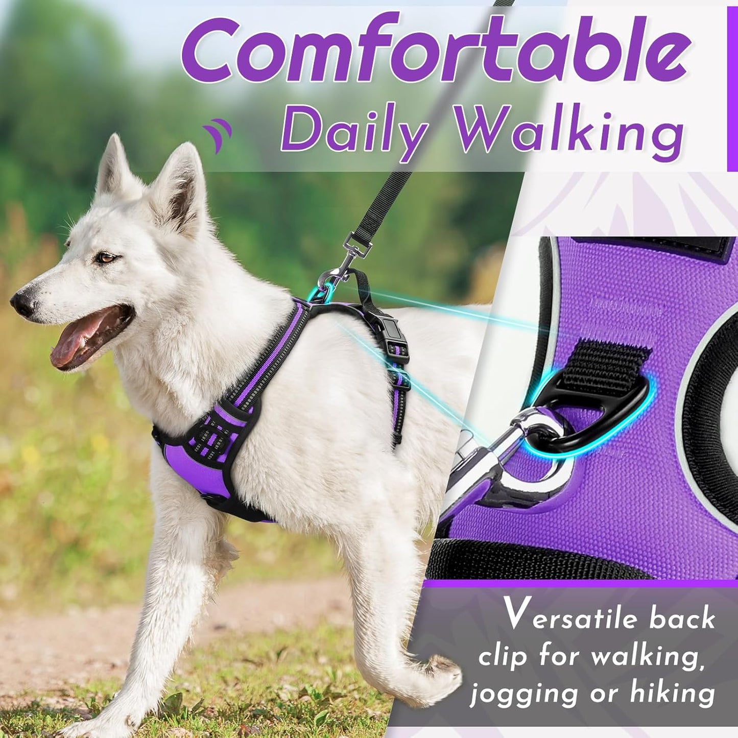 Eagloo Dog Harness Medium Sized Dog, No Pull Service Vest with Reflective Strips and Control Handle, Adjustable and Comfortable for Easy Walking, No Choke Pet Harness with 2 Metal Rings, Purple, M