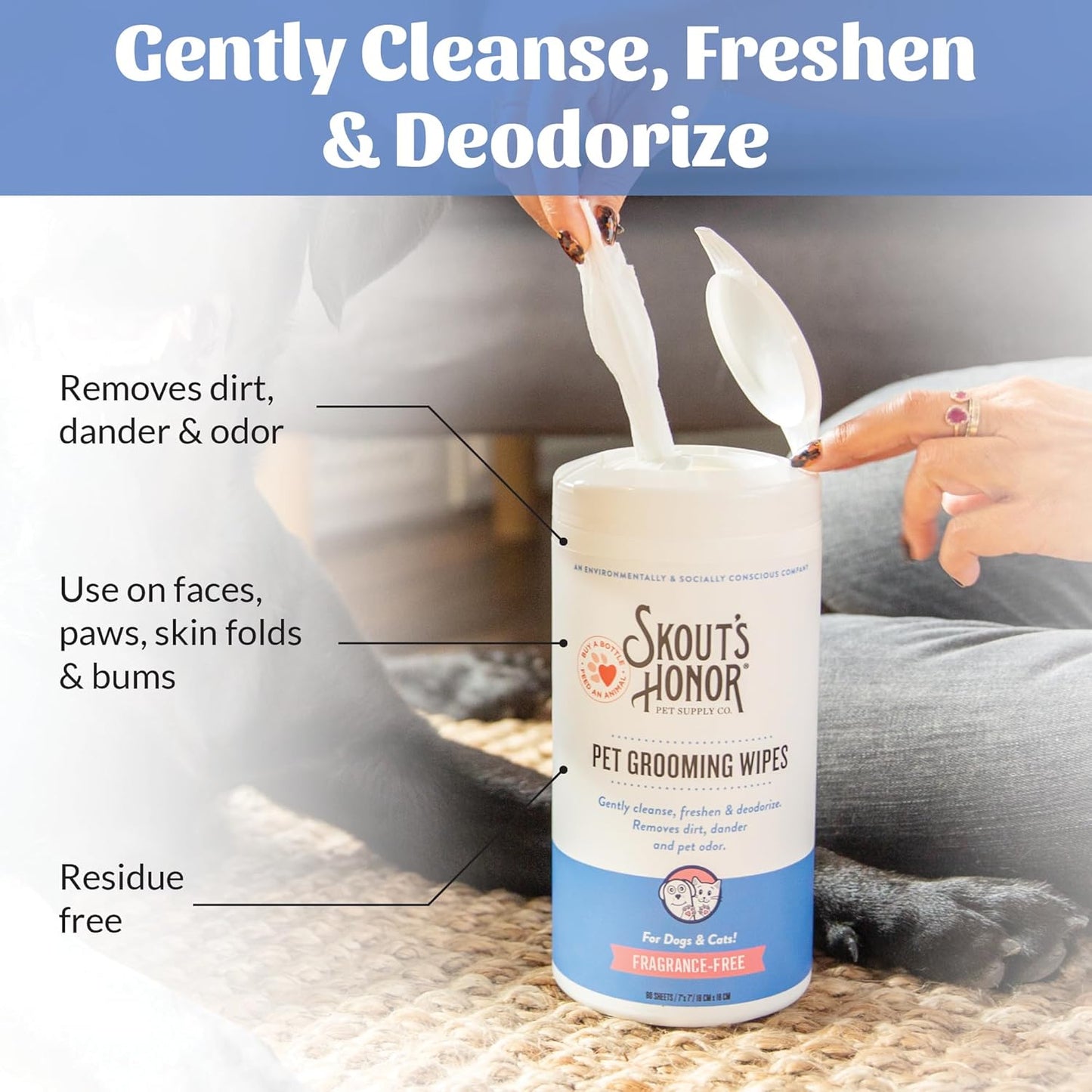 SKOUT'S HONOR Pet Grooming Wipes for Dogs and Cats - Deodorizing, Plant-Based, Biodegradable, Fragrance-Free - for Paws, Faces, Skin Folds & Bums, 80 Count