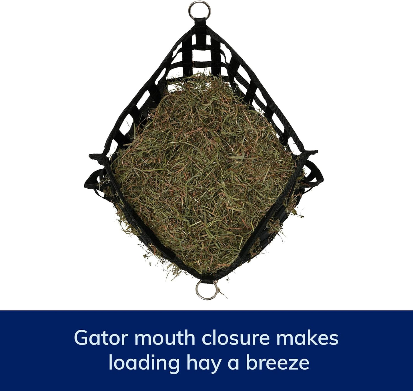 SmartEquine Slow Feed Hay Bag for Horses | Hay Feeder Net with Resistant Nylon | Gator Mouth Enclosure for Easy Loading | Fits 10-15 lbs of Hay | 4 Flakes Bag | 37" x 30" | Navy Blue | 2" Holes
