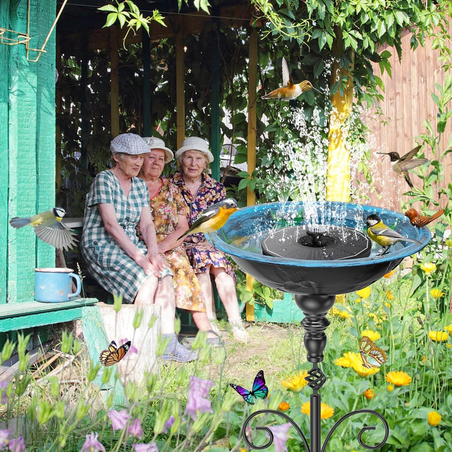 35In Tall Bird Bath for Outside, Vintage Metal Birdbaths & Birdfeeder with 5 Prong Bases for Outdoors, Freestanding Bird Baths Feeder Bowl with for Garden Yard Lawn Decor (Retro Blue)