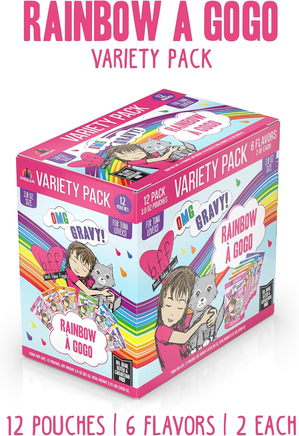 Weruva B.F.F. OMG - Best Feline Friend Oh My Gravy!, Rainbow A Gogo Variety Pack! Cat Food, 3oz Pouch (Pack of 12)
