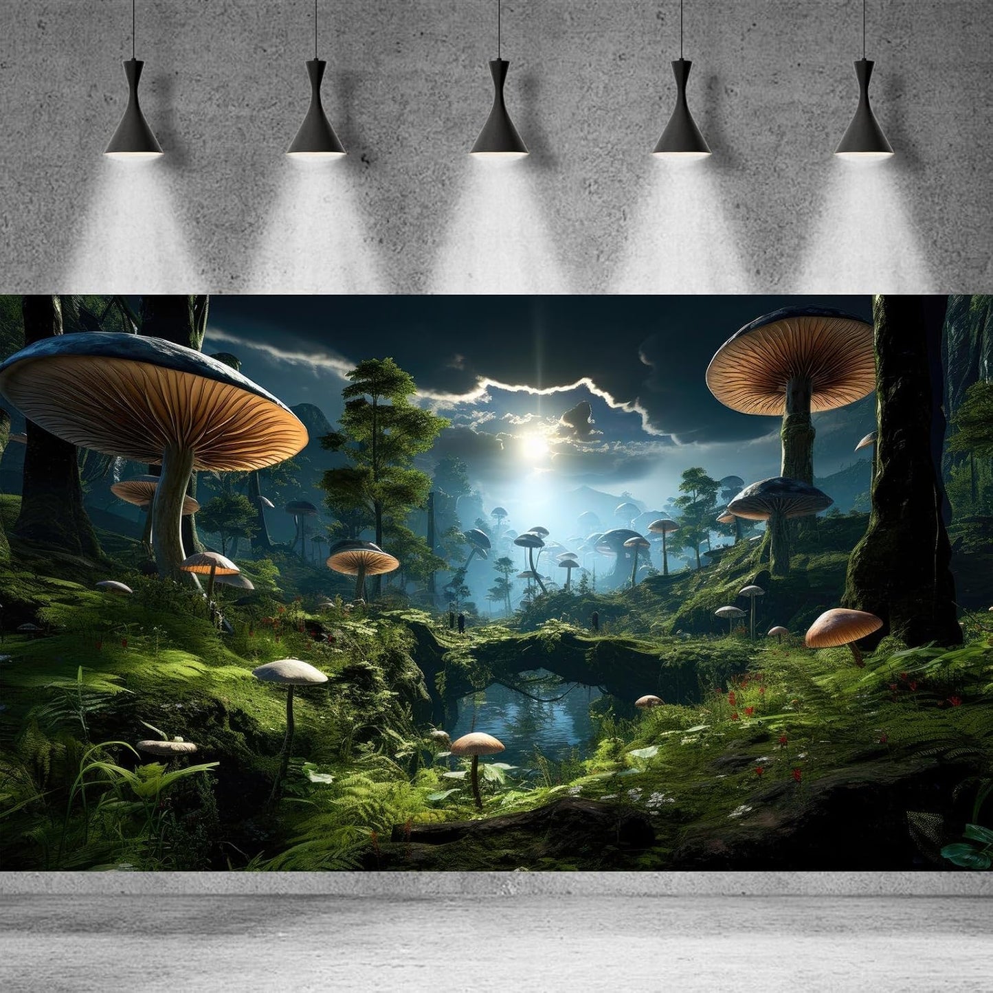 Fantasy Mushrooms Landscape Aquarium Background Tranquil Stream Cloudy Sky Terrarium Background Lush Green Tropical Plants Trees Fish Tank Backdrop Decoration Tank Background Poster 30x18in