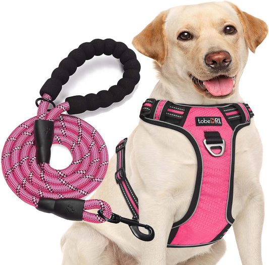 No Pull Dog Harness Adjustable Reflective Oxford Easy Control Medium Large Dog Harness with A Free Heavy Duty 5ft Dog Leash (S (Neck: 13"-18", Chest: 17.5"-22"), Pink Harness+Leash)