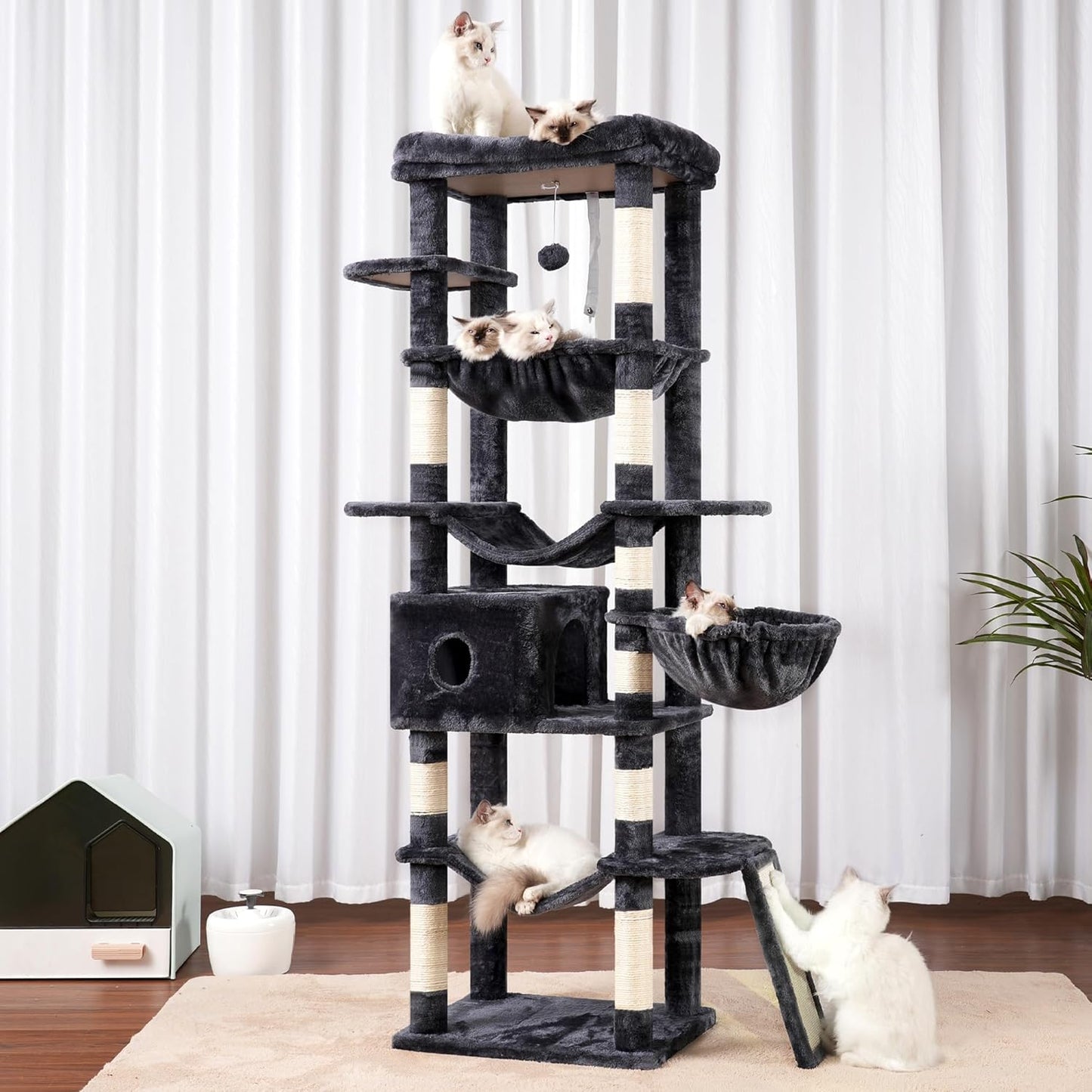 Hey-brother Cat Tree, 69.3-Inches Multi-Level Plush Cat Tower for Indoor Cats with Large Top Perch, Extra Spacious Hammock, 2 Hammocks Ramp, Hanging Ball, Smoky Gray MPJ037G