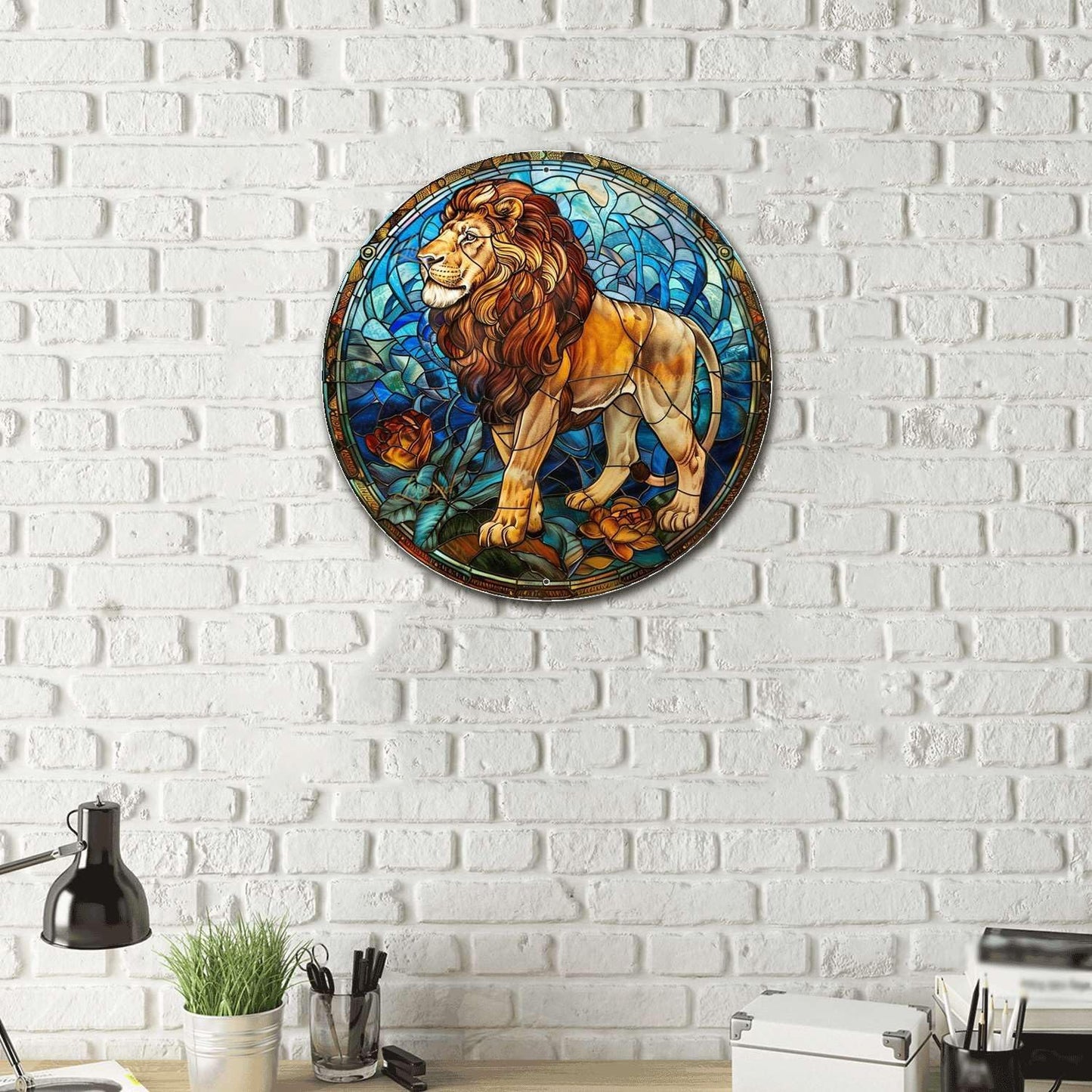 Lygond Metal Sign Tin Sign Circular Stained Glass Lion Garage Sign for Garden 12×12 Inches