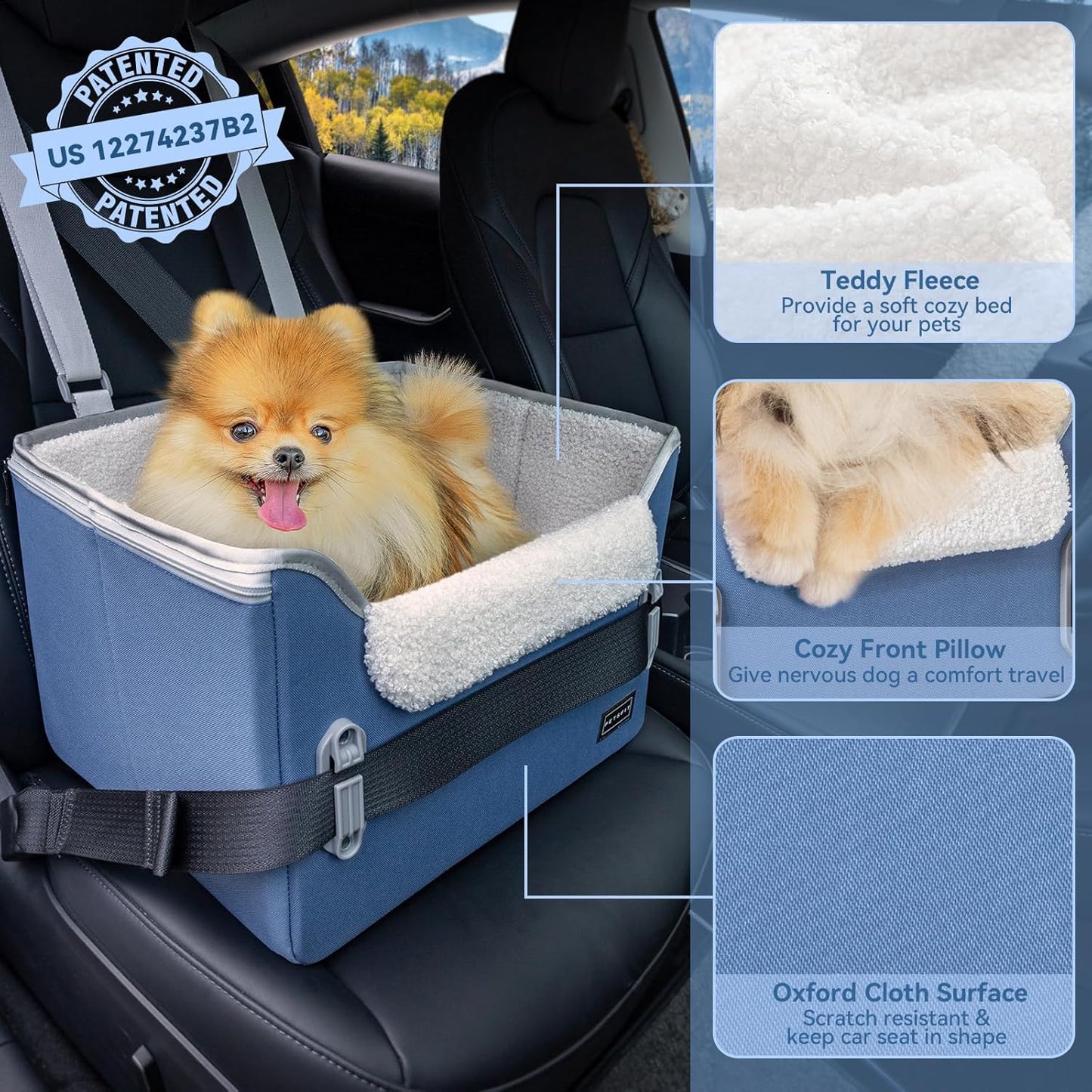 PETSFIT Small Dog Car Seat, Patent Safe Buckles Dog Booster Car Seat, Puppy Car Seat with Safety Belt, Suitable for Small Pets Up to 25lbs (Navy Blue)