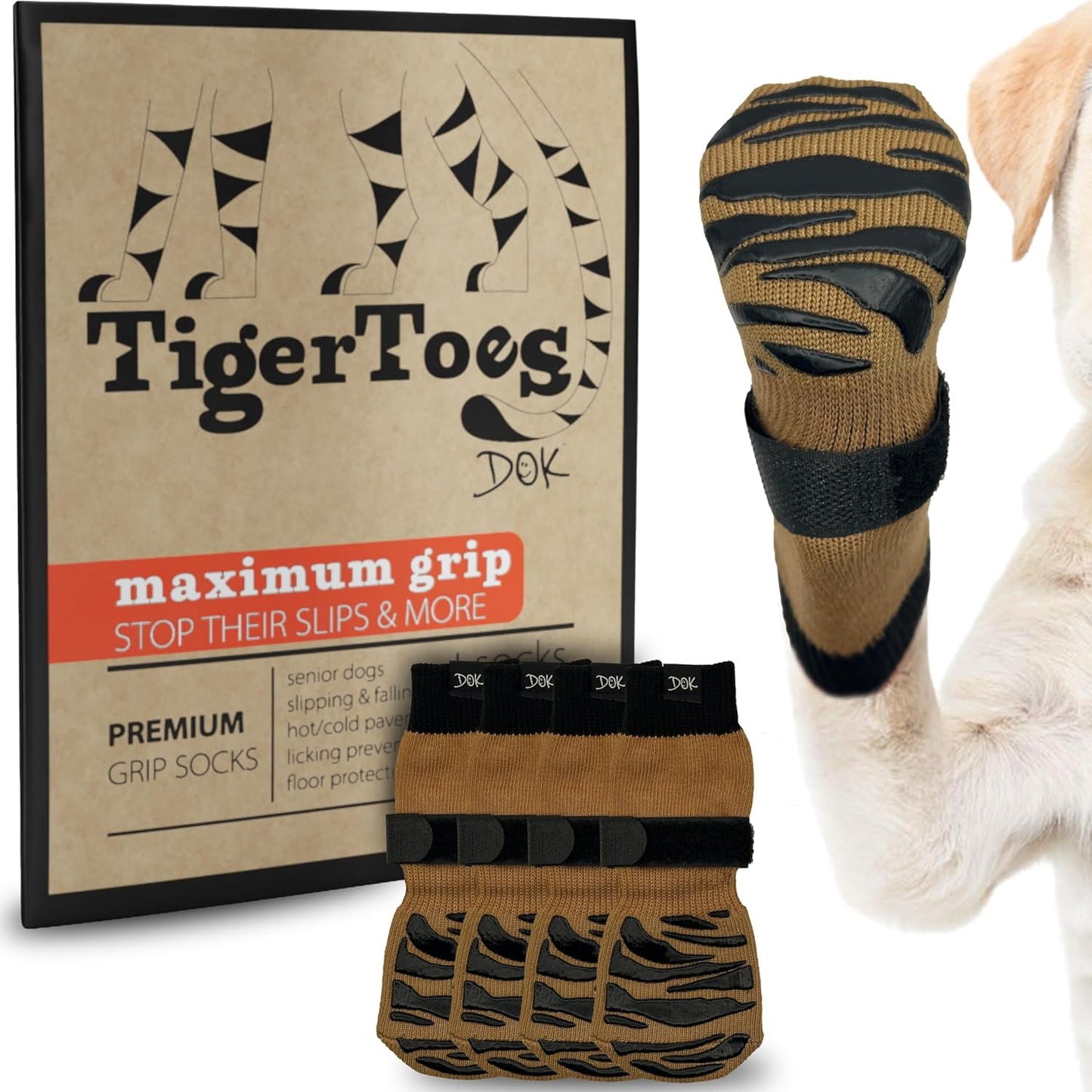 DOK TigerToes Premium Non-Slip Dog Socks for Hardwood Floors - Extra-Thick Grip That Works Even When Twisted - Prevents Licking, Slipping, and Great for Dog Paw Protection (Cool Caramel, Small)